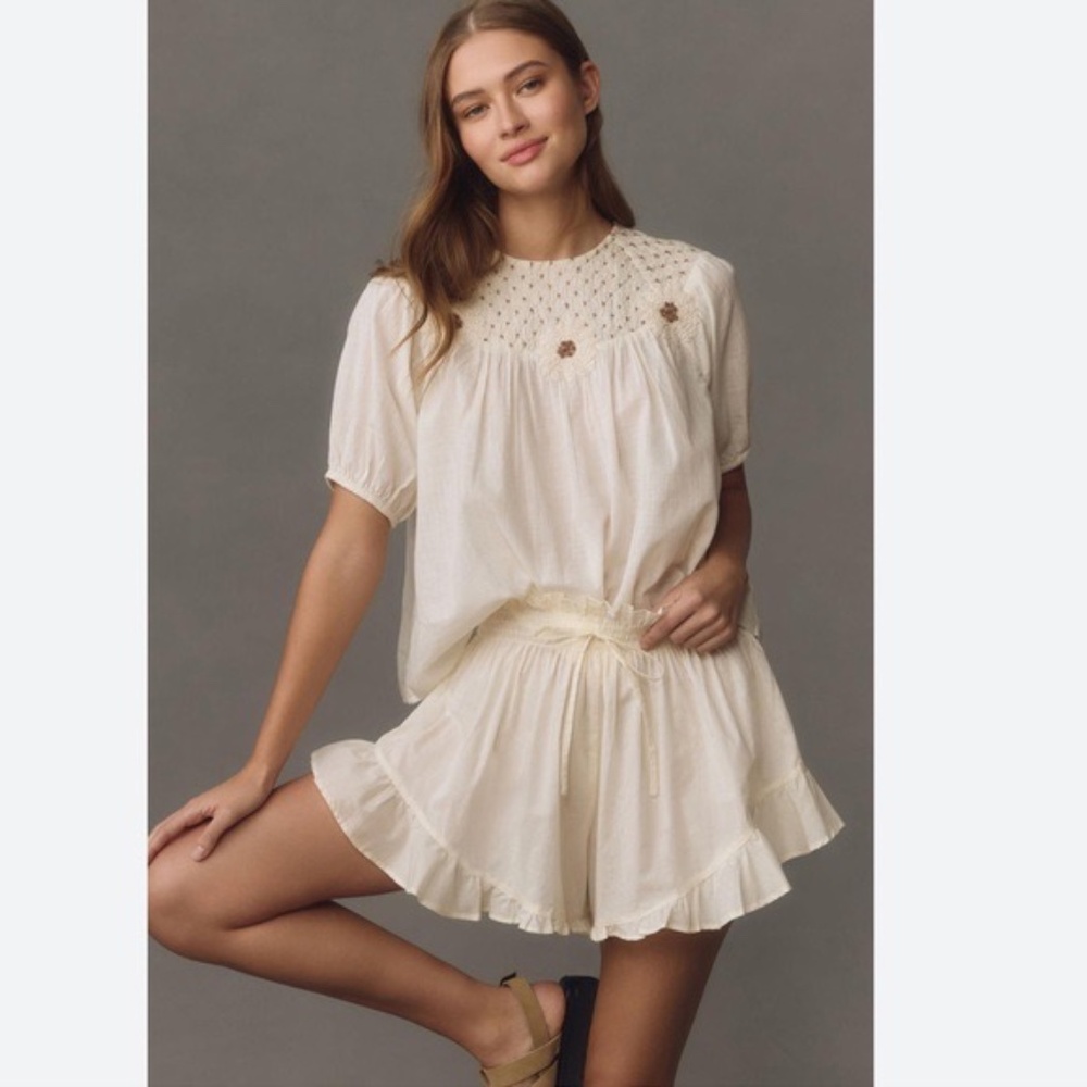 Anthropologie Cotton Short Sleeve Embroidered Blouse SZ XXS